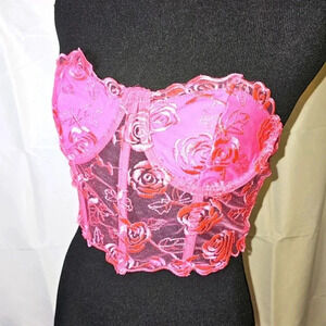 Pink Floral Embroidered‎ Lace.Corset Top W Boning SZ M